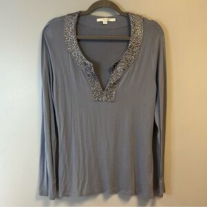 Boden Blouse Gray-Blue Sequined Neckline Long Sleeve Tunic Top Sz US 10 good